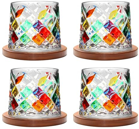 Rotatable Old Fashioned Crystal Whiskey Glass Set of 4, 275ml/10oz With Wood Coaster - Thickened for Rum, Cocktails, Coffee, Milk - Relax and Reduce Stress