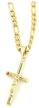Lifetime Bling 24K Figaro Gold Cross Crucifix Necklace Pendant Charm with 3MM Rope Chain Gift for Men Women Husband Wife Baptism Religious w/real strong Solid Clasp Fashion Jewelry
