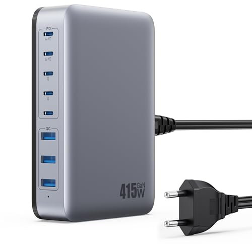 415W Caricatore USB C Multiplo con【Doppio PD 100W】Tipo C, GaN Ⅳ 8 Port Caricabatterie PPS QC Alimentatore Multipla Stazione di Ricarica Presa USB per MacBook Air/Pro Laptop iPhone iPad Samsung etc.