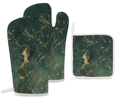 Indossare un vestito verde guanti da forno e presine set da 3 pezzi, resistente al calore fino a 260 °C, presina da 30 cm, guanti da forno extra lunghi essenziali per la cucina