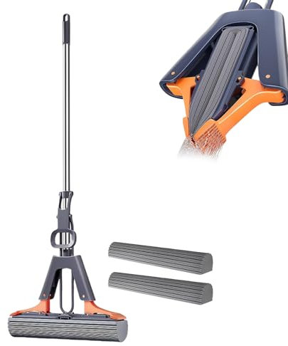 Floor Mop, Wiper - Especially Absorbent - PVA Sponge and Telescopic Handle - Mop with Wring Function, Pet Hair Remover, Floor Cleaning, with 2 Sponge Head Refills
