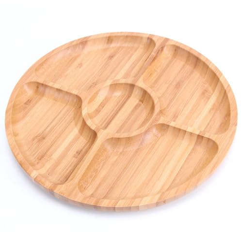 Plato redondo para aperitivos, bandeja dividida, bandeja de bambú para aperitivos con 5 compartimentos, plato de comida de rejilla múltiple, bandejas de madera para servir (25 cm)