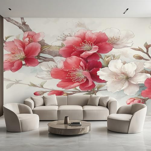 Generico Carta da Parati Fiori di Pesco, Fotomurale Fiori Bianco Rosa per Camera da Letto Decorazioni Parete, Carta Parati Effetto Decorativi Wallpaper, 450 x 315 cm D&O54