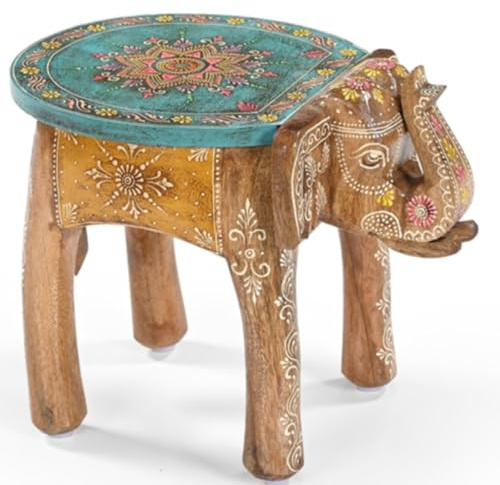 iAnanas vormontiert einsatzbereit Orientalischer Beistelltisch | Indische Deko Möbel, Massivholz, Handarbeit – Bunter Elefant Tisch im Boho & Vintage Stil (41 × 29 × 30 cm)