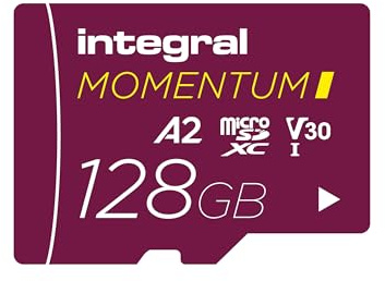 Integral Momentum I 128 GB microSDXC-Karte – bis 210 MB/s lesen, 180 MB/s schreiben, V30, U3, A2 – 4K/5K UHD für GoPro, DJI-Drohnen, Action- & 360°-Kameras – wasserdicht, stoßfest, robust