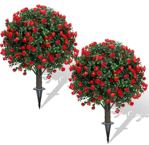 Juego de 2 bolas artificiales de boj con lavanda morada, arbustos falsos resistentes a los rayos UV con estaca de tierra para decoración de interiores y exteriores (rojo)
