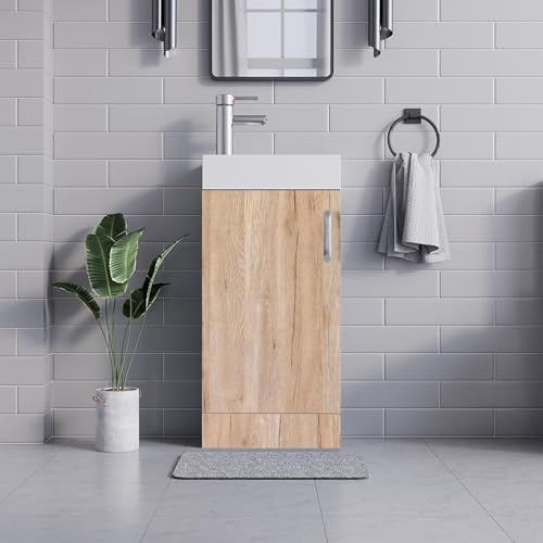 BELOFAY 400mm Floor Standing Bathroom Vanity Unit With Basin - Slim Waterproof Laquered Cloakroom Vanity Unit with 1 Tap Hole Ceramic Basin & Waste | Reversible Tap Fitting (Denvor Wood Grains)