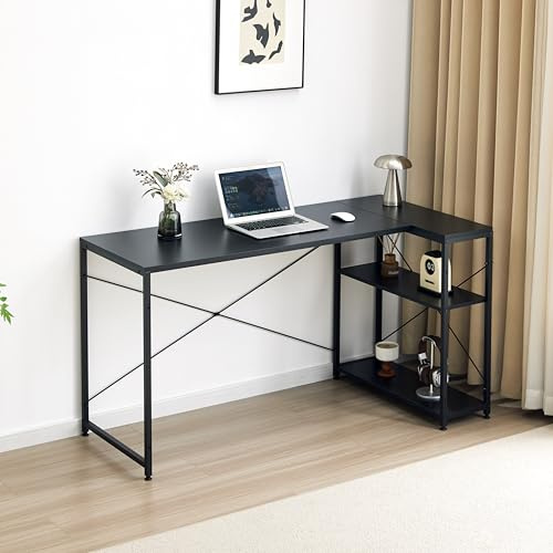 Garvishk Garvis Eckschreibtisch 140x50 cm – L-Form Gaming Tisch mit Regal – Computertisch für Homeoffice (Schwarz)