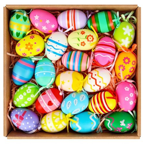 24Pcs Easter Hanging Eggs, Colorful Plastic Easter Eggs Tree Decorations for Basket School Home Office Egg Hunt Party