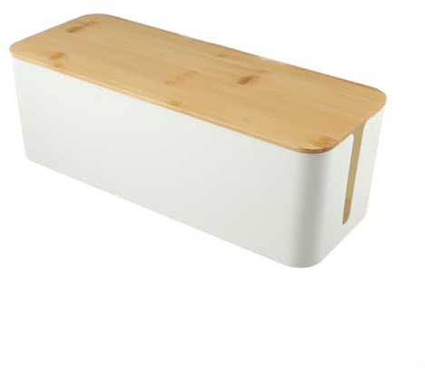 Durashmall Grande boîte de rangement de câbles électriques en plastique blanc avec couvercle en bois pour multiprise et prise de courant, dissipation de la chaleur et sécurité des enfants pour la