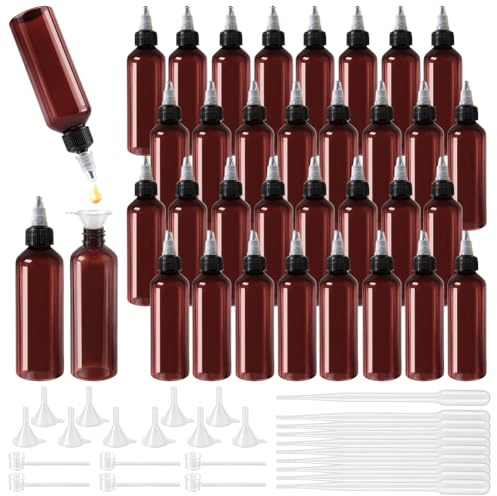 INTERWARM 36Pcs 100ml Amber Plastic Squeeze Bottles with Nozzles | Empty Applicator Bottles with 10 Transfer Pipettes, 10 Funnels & 10 Pumps for Shampoo Body Wash Lotion Sauce DIY Crafts