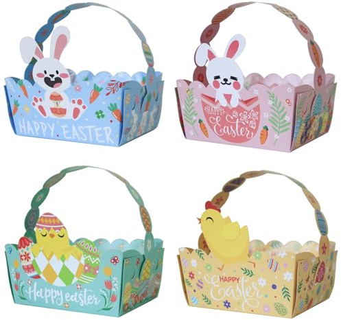 LXKBD 24 Pack Easter Basket for Kids,Cute Bunny Easter Paper Baskets Bulk, Treat Boxes with Handle Gift Bags, Candy Cookies Box for Craft,Egg Hunt, Birthday, Party Favor