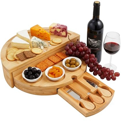 Juego de tabla de queso de bambú redonda con cuchillos para queso y 4 cuencos de cerámica, 32,5 cm, plato giratorio de 32,5 cm, tabla de charcuterie para servir aperitivos, color natural