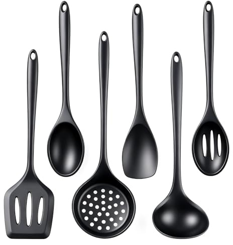 Set di Utensili da Cucina in Silicone, 6 Pezzi Set Utensili Cucina, Resistente al Calore Antiaderenti Utensili da Mestoli Cucina in Silicone per Cucinare,Mescolare e Servire (Nero)