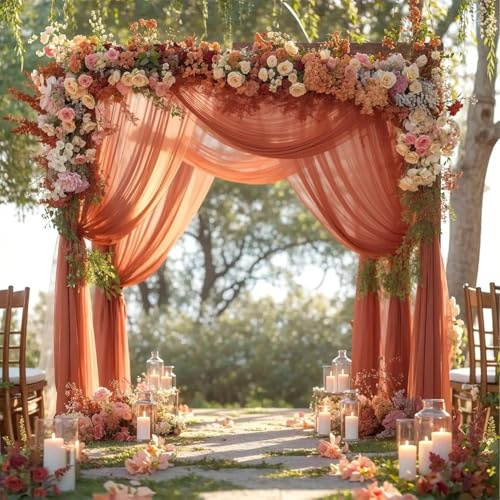 2 Stück 160*600cm Hochzeitsbogen Querbehang Freihanddeko - Orange Tüll Foto Hintergrund Hochzeit Vorhang Deko Tüllstoff Vorhänge Gardinen für Laube Hochzeit Torbogen Zeremonie Fotografie Party