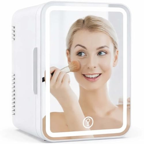 MoraRise 6L Mini Fridge for Bedrooms, Portable Cooler & Warmer Skincare Fridge with LED Mirror, AC/DC Compact Beauty Fridge for Food, Car, Home, Office, Drinks, Cosmetic, Skin care (White, 6L)