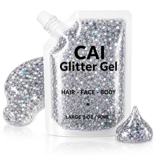 CAI Beauty Holographic Silver Glitter Gel Vegan Cruelty Free Face Body & Hair Glitter for Women Kids 3 Oz Cosmetic Grade Gel No Mess Non-Toxic Easy Apply & Wash Off Parties Concerts Holidays Sports