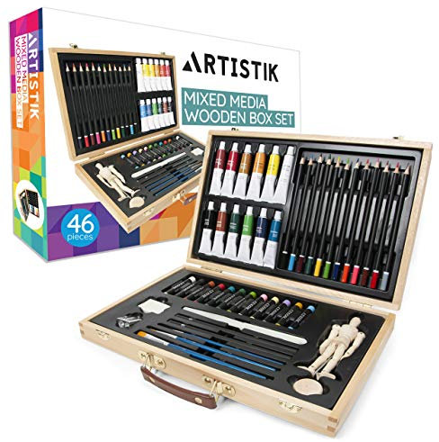 ARTISTIK Art Set with Wooden Storage Case - 46 Piece Artist Supplies Set with Mannequin, Acrylic Paints, Oil Pastels, Coloured Pencils & More for Drawing, Sketching, Painting for Beginners & Artists