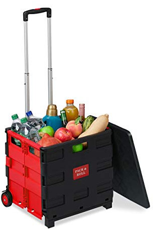 Relaxdays Einkaufstrolley klappbar, bis 35 kg, 50 l Kiste, mit Teleskopgriff, 2 Rollen, Transport Trolley, rot/schwarz
