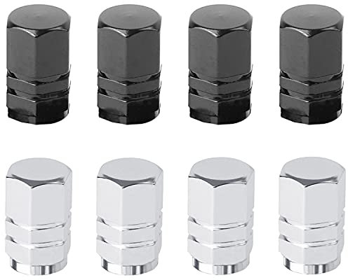 Dust Caps 8 Pcs Aluminum Tire Valve Stem Caps with Gasket Hexagon Universal Tyre Valve Caps for Motorbike, Trucks, Bike,Electric Scooter, SUV, Baby Buggies (black, silver)