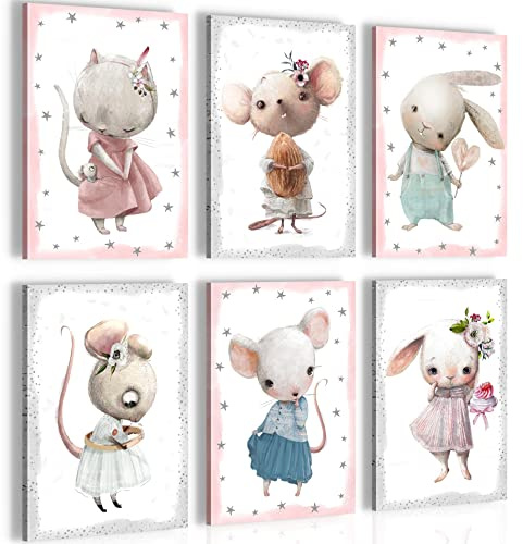 Novart Wandbilder Set Tiere - KOMPLETT AUFHÄNGFERTIG - Made in Germany - Moderne Bilder Kinderzimmer Mädchen - N000064a