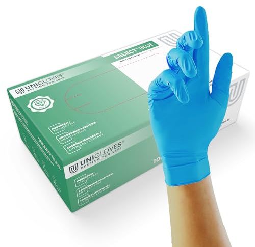 UNIGLOVES - Robuster SELECT® BLUE Latexhandschuh | Puderfrei & lebensmittelecht | Extra griffig dank mirkrogeraute Handfläche | 100 Stück | Einmalhandschuh S | Puderfrei & lebensmittelecht, Extra griffig dank mirkrogeraute Handfläche,100 Stück, Einmalhandschuh S