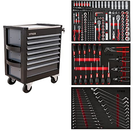STIER Werkstattwagen Premium mit Edelstahl-Arbeitsfläche, vollständig 223-teilig bestückt, 7 Schubladen, Made in Europe