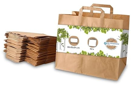 BIOZOYG 50x Papiertragetaschen groß 32 x 22 x 27cm - braune Papiertüten mit Henkel Einkaufstüten - Papiertaschen Geschenktüten Tragetaschen