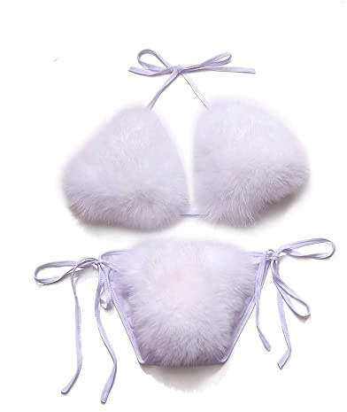ZOSCGJMY Damen Flauschige Künstliche Fell Pelz Bikini Set Triangel Bikini Zweiteiliger Badeanzug