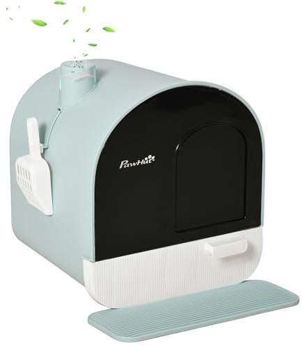PawHut Hooded Cat Litter Tray with Slide-Out Drawer, Enclosed Cat Litter Box with Anti-Tracking Mat, Scoop, Filter for Odor Control, Flap Door, Easy Cleaning, 43 x 44 x 47cm, Green