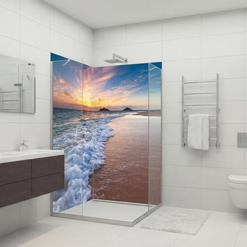 Dedeco 2x Premium Bad Duschrückwand mit Motiv: Strand V5, 80x200cm mit UV-Lack glänzend, wasserfest, hochwertig fugenlose Wandverkleidung aus 3mm-Alu-Verbundplatte, Fliesenersatz ohne Bohren