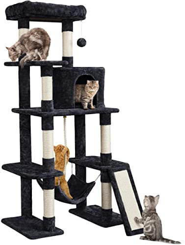 Yaheetech 159 cm H Tall Cat Tree, Condo, Hammock & Sisal Ramp, Black | Cat Tower for Indoor Cats, FSC-certified Wood, 7 Sisal Scratching Posts, Dual Base, Multi-Cat Layout
