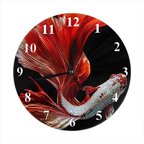 Orologio Da Parete Rotondo 25cm, Betta Pesce Mezzaluna Drago Rosso Betta In Sfondo Nero Orologio Da Cucina Senza Ticchettio Orologio Da Parete Con Numeri, Per Regalo, Hotel