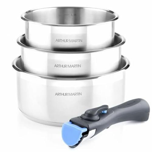Set de 3 casseroles 16-18-20 cm Arthur Martin AM3710 - Acier Inoxydable - Poignée amovible - Tous feux dont induction