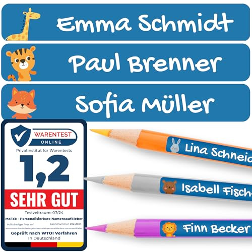 Personalisierbare Namensaufkleber für Kinder (60 Stk. 47x7 mm) - Wasserfeste Namensschilder für Gegenstände, Stifte & Textilien - Optimal für Kita, Kindergarten und Schule - Schöne Motive