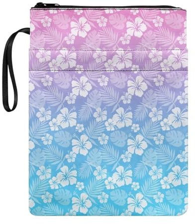 NETILGEN Blau-rosa Hibiskusblatt-Buchschutztasche mit Reißverschluss für Damen, Herren, Kinder, waschbare Buchhüllen für Buchliebhaber, Taschenbücher, Hardcover, Notizbuch, Bibeljournal, Lehrbücher