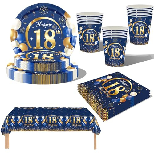 69Pcs Navy Blue Gold 18th Birthday Party Tableware, Blue 18th Birthday Tableware Set with Paper Plates,Napkins Serviette,18th Table Cloth,Paper Cups for Women Men Birthday Party Table Decorations
