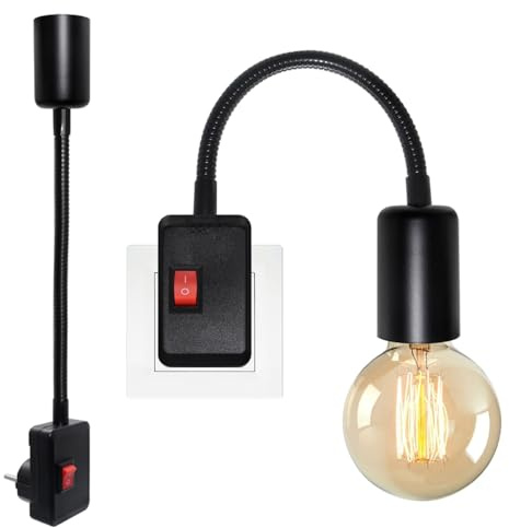 Lampenfassung mit Schalter, 2 Stück E27-Fassung mit Steckdose, Spot, Wandleuchte, kabellos, 20 cm, verstellbar, Schwanenhals-Adapter, Glühbirnenhalter, Konverterlampe, Wandsteckdose für Schlafzimmer