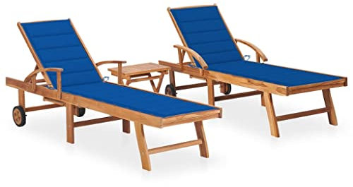 FUDUGEHMIOFWFJJ deckchair,liegestühle,sonnenbank,Sonnenliegen 2 STK. mit Tisch und Auflagen Massivholz TeakGeeignet für Garten, Pooldeck, Terrasse, Wohnzimmer