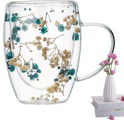 Monozoz Dried Flowers Double Wall Glass Coffee Mugs, Glass Mug Cup Double Wall Insulated Coffee Mugs Espresso Cup, Safe and Decorative Flowers Double Insulated Cup for Milk Chocolate
