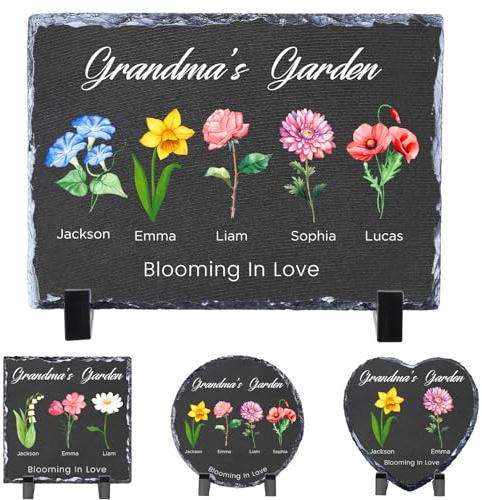 WACAR Personalisierte Gartensteine, benutzerdefinierte Geburtsblume Gedenksteine mit Namen/Text, Omas Garten Stein für Draußen, Personalisierte Muttertag/Geburtstagsgeschenke für Mama/Oma