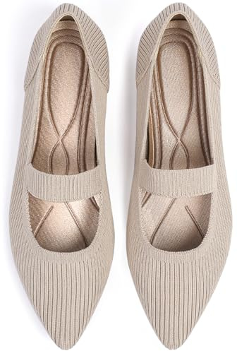TINGRISE Women's Flats Shoes Pointed Toe Knit Washable Ballet Comfortable Dressy Mary Jane Flat Beige US8.5