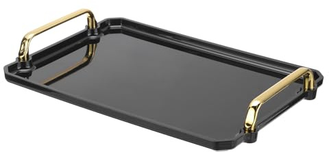 PATIKIL 12 x 8,6 Vassoio di Servizio in Plastica con Manici Dorati, Vassoio Riutilizzabile Rettangolare per Piatto Dessert Caffè Tè Tavolo Soggiorno Cucina, Nero