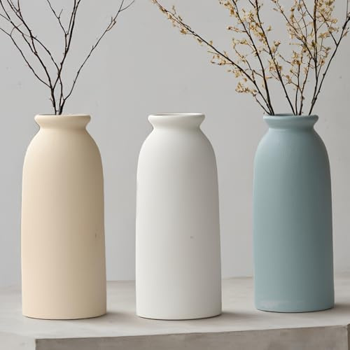 Keramiskt vas-set, 3 små dekorativa vaser för blommor och pampasgräs, modern, boho-bondestil (blå blandning)