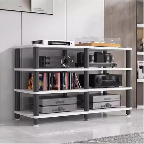 4 Tier Corner Audio Video Tower Rack Component Cabinet with Record Player Turntable Amplifier Receiver Shelf Game Console Storage Unit and Speaker Shelves White