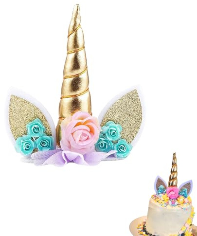Golden Unicorn Cake Topper Set | Wiederverwendbare Glitzer Horn & Ohren | Party Dekoration für Mädchen Geburtstag Hochzeit & Regenbogen Thema Kuchen (10,2 cm Mini Flying Horse Design)