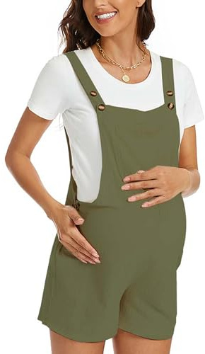 FEOYA hängselbyxor graviditet kort dam mamma ledig jumpsuit lös bekväm overall sommar andas mammaoverall S-XL, Grön, S