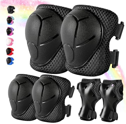Knieschoner Kinder 3-14 Jahre,6-TLG.mit Ellbogen- und Handgelenkschutz passend für Jungen und Mädchen,Kinder Knieschoner Set für Inliner Skates Scooter Fahrrad Rollschuhe (Schwarz, M)