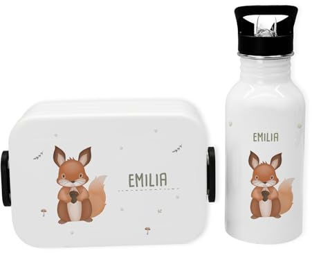 hellomini Personalisierte Mepal-Lunchbox & Edelstahl-Trinkflasche 500ml Set mit Wunschname & Tiermotiv – Brotzeitbox & Trinkflasche Kinder Schule Kita Geschenk (Eichhörnchen, Weiß)