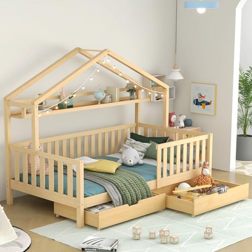 HESHU Kinderbett Hausbett 90x200 cm, Bettgestell mit 2 Schubladen und Lagerregal, Bett für Jungen und Mädchen, Massivholzbett mit Rausfallschutz und Lattenrost, ohne Matratze, Natur